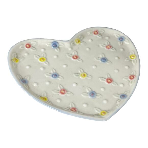 VTG Porcelain Heart TEAPOT & PLATE Tea Set 6.5" Ceramic Flowers White Blue Pink - Picture 5 of 10